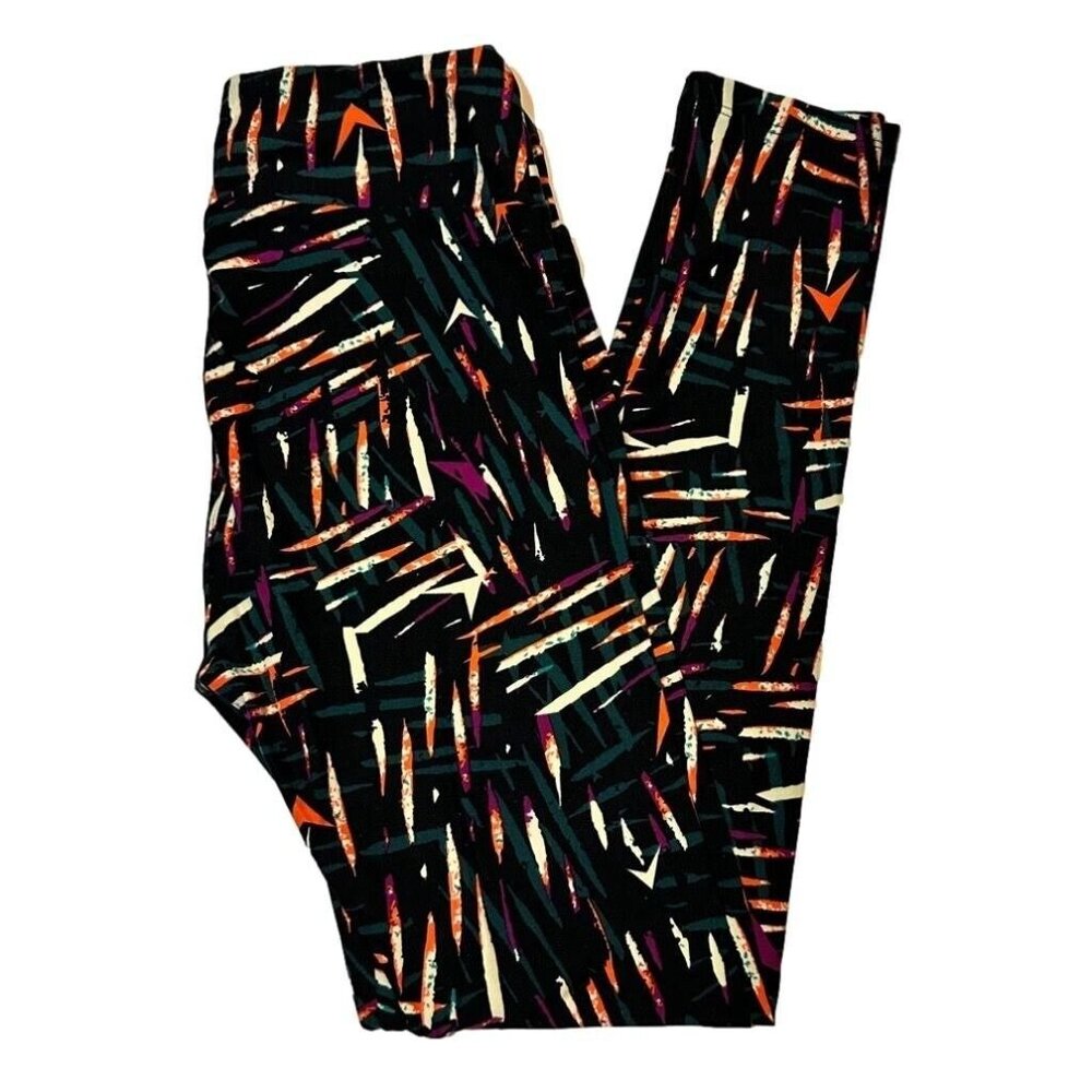 LuLaRoe Black Multicolor Abstract Stripe Slash Pattern Women's Leggings One Size